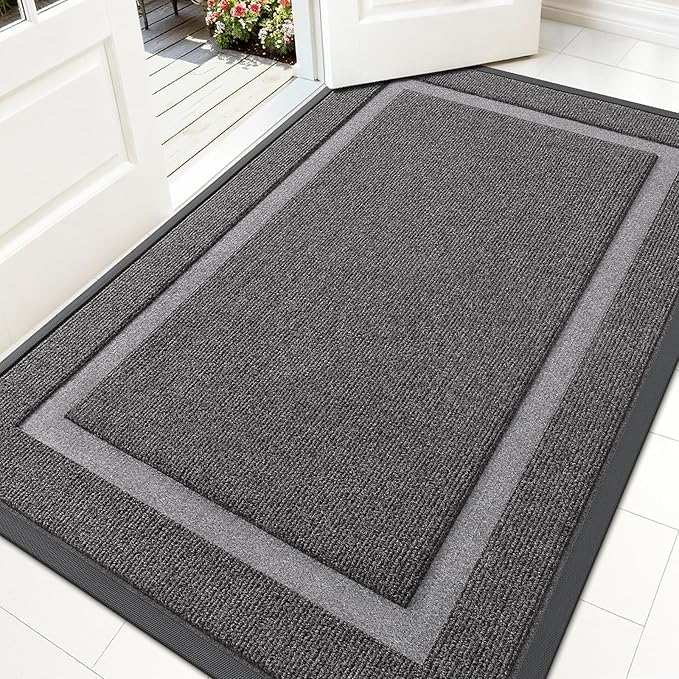 OLANLY Front Door Mat Indoor Outdoor Entrance, Waterproof All-Season, All-Weather Doormat, Sturdy Natural Rubber, Fade Resistant, Low Profile, Easy Clean Patio Porch Entryway Mat, 59x30, Dark Grey