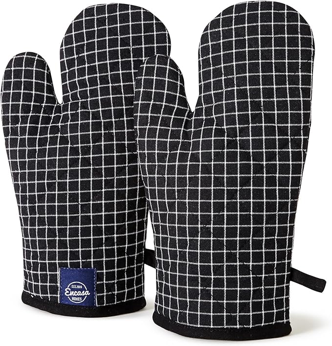 Encasa XO Long 12"x7" Oven Microwave Hand Gloves Mitts (2 pc Set) for Kitchen Cooking & Baking - Heat Resistant, Thick & Safe, Protection of Hands from Hot Utensils - Butcher Checks Black