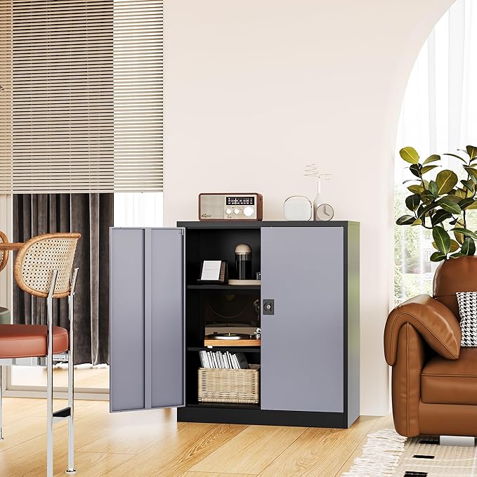 Metal Storage Cabinet-36” Tall Steel File Cabinets with Lockable Doors and Adjustable Shelves-Black&Gray Steel Storage Cabinet for Home Office, School, Garage