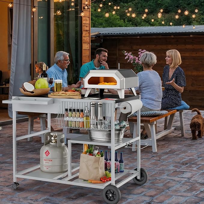 Vongrasig Pizza Oven Cart with Topping Station, Outdoor Grill Table Kitchen Island with Storage for Ninja Woodfire Blackstone Griddle Cuisinart etc Grill, Silver