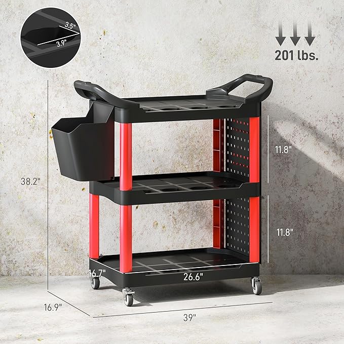 HOMCOM 3 Tier Utility Cart on Wheels, Rolling Tool Storage with Pegboards and Bucket, 200 LBS Load Capacity Plastic Service Cart for Garage, Warehouse, Workshop, Black and Red