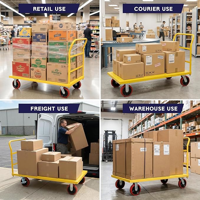 Platform Cart Industrial Dolly Cart 3300LB Heavy Duty 60” x 30” Platform Hand Truck Push Cart Super Heavy Duty Diamond Plate Commercial Flatbed Cart 8'' Moving Swivel Wheels (Yellow)