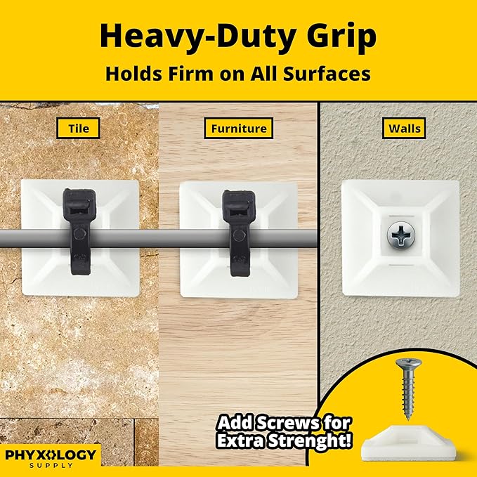 Large, Premium Zip Tie Adhesive-Backed Mounts 100 Pk by Phyxology Supply. Pro-Grade, UV White Cable Tie Bases: 1.1 in x 1.1 in. Screw-Hole Anchor Point Gives High-Strength Durability for Long-Term Use