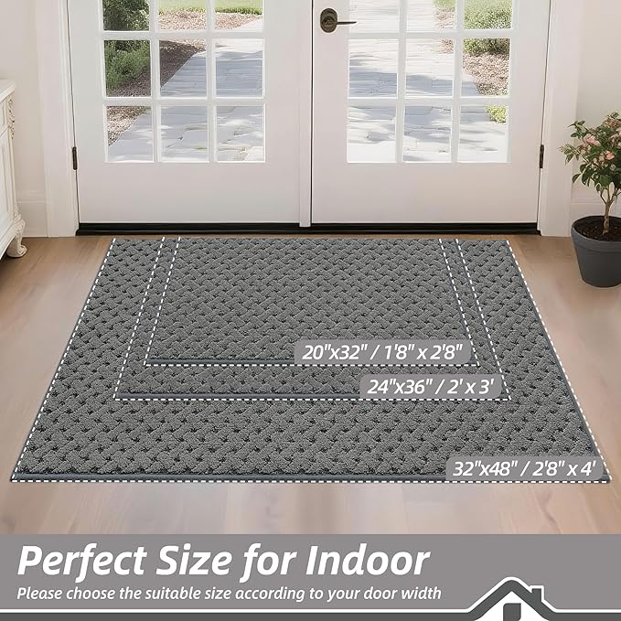 BEQHAUSE Dirt Trapper Door Mat Non-Slip Entryway Rugs Stain Resistant Absorbent Dog Doormats Woven-Look Washable Welcome Floor Doormat for Front Back Door, Muddy Wet Shoes & Paws, 32" x 48", Grey