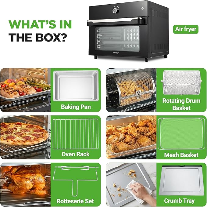 NutriChef 32 Quart Air Fryer & Oven | Digital Airfryer with 20 Presets, Dual Cook, Rotisserie, Bake & More | Multi-Function Convection Countertop Oven | Large Capacity | 18" x 17" x 14 | Black