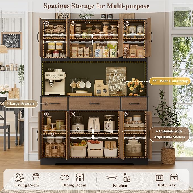 HOSTACK 71" Tall Kitchen Pantry Storage Cabinet with Charging Station, 55" Wide Kitchen Hutch Cabinet with Large Countertop, Farmhouse Food Pantry with Drawers for Living Room, Brown/Black