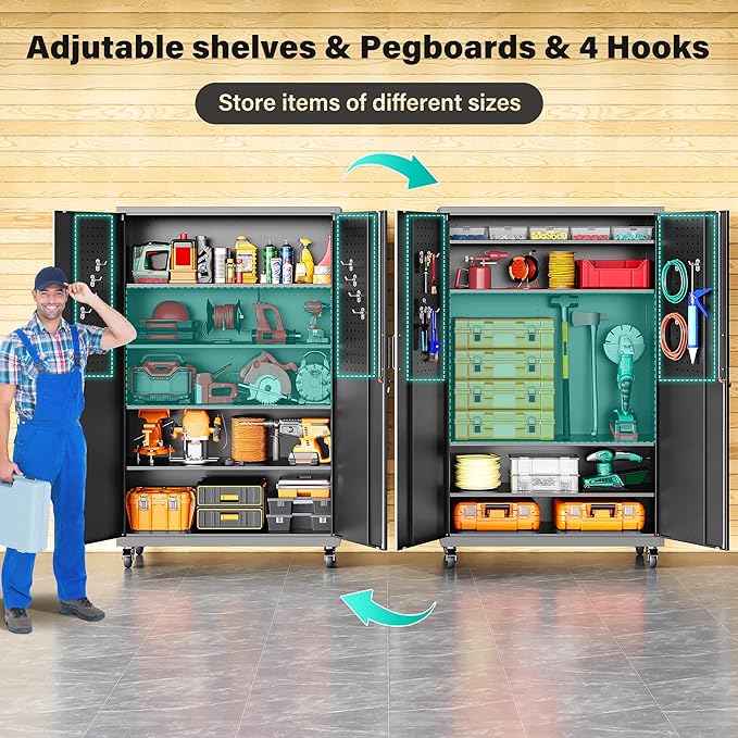 SISESOL Wide & Deep Metal Storage Cabinet with Wheels,Tall Rolling Garage Storage Cabinet with Lock,Black Metal Cabinets with Shelves and Pegboards,Tool Locker for Garage,Home,Office,43''Wx 20''Dx71"H