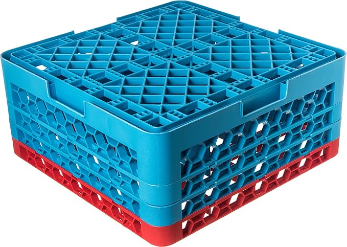CFS RG16-3C410 OptiClean 16 Compartment Glass Rack with 3 Extenders, 8.72", Polypropylene, Red/CFS Blue