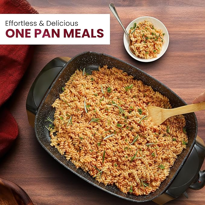Elite Gourmet EG6203 Extra Deep 16"x13"x3.2" (10.5Qt.) Scratch Resistant, Easy Pour Spout, Dishwasher Safe, Non-stick Electric Skillet with Vented Glass Lid, Adjustable Temperature, Black