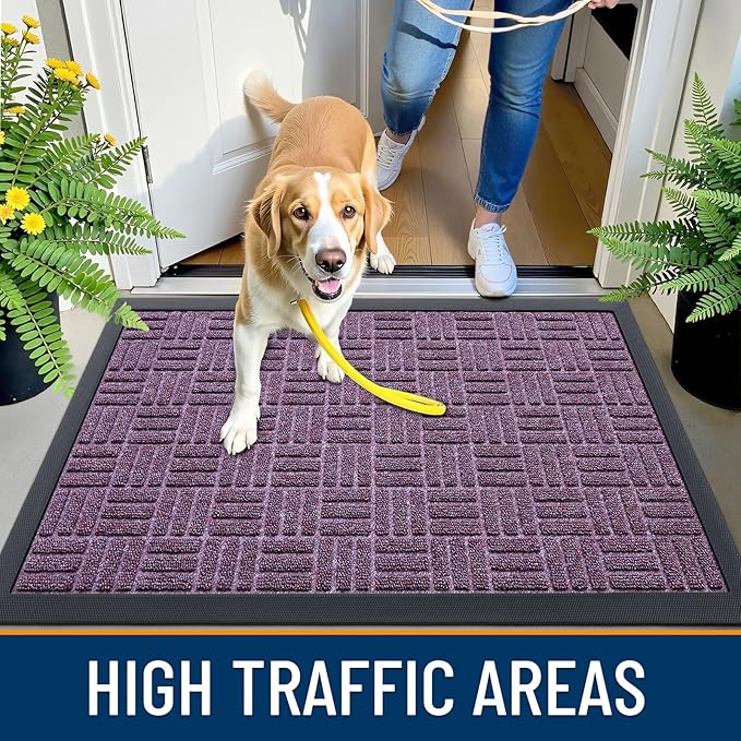 OLANLY Front Door Mat Outside Entrance 33x21, Absorbent, Heavy Duty Sturdy Natural Rubber Doormat Indoor Outdoor, Non-Slip, Stain and Fade Resistant, Low Profile Floor Mat for Entryway, Violet