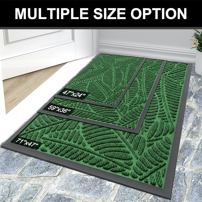 Colorxy Waterproof Doormat, Sturdy Natural Rubber Front Indoor Mat, Non Slip Low Profile Indoor Outdoor Door Mats, Stain and Fade Resistant Floor Mat, Easy Clean Patio Entrance Mat, 48''x32'', Green