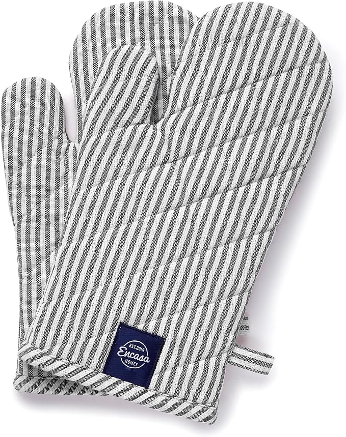 Encasa XO Long 12"x7" Oven Microwave Hand Gloves Mitts (2 pc Set) for Kitchen Cooking & Baking - Heat Resistant, Thick & Safe, Protection of Hands from Hot Utensils - Ticking Black