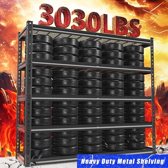 48" W Garage Shelves, 5-Tier Heavy Duty Garage Shelving Load 3030LBS, Adjustable Metal Storage Shelves, Wire Shelving for Warehouse,Industrial,Workshop,Basement, 48" W x 24" D x 72" H
