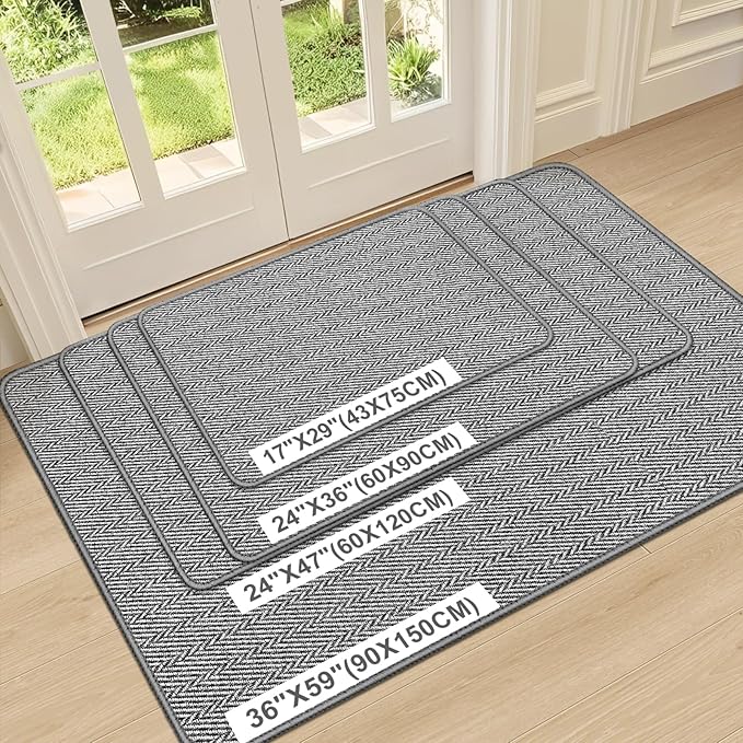 Ultra Thin Door Mat Indoor Entrance 24"x36", Low-Profile Indoor Door Mat, Non Slip Entry Mat Rubber Backing Unique Herringbone Design Inside Doormat Dirt Trapper Entryway Mats, Grey