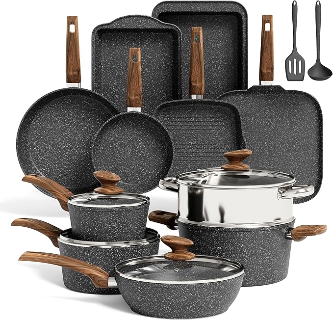 Kitchen Academy 17-Piece Induction Cookware Set, Nonstick Black Granite Pots and Pans
