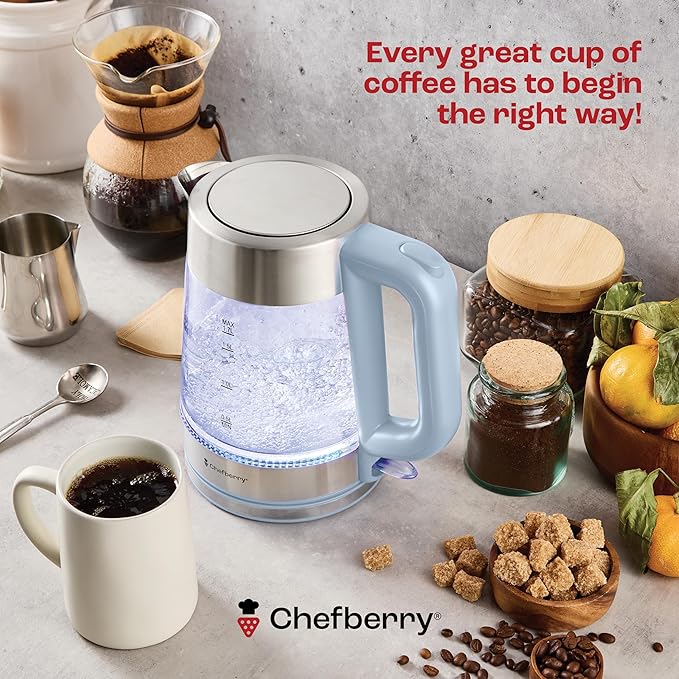 Electric Kettle for Boiling Hot Tea & Water | 1.7L Stainless Steel Borosilicate Glass Boiler With No Plastic, Automatic Shutoff, BPA Free, Fast Heating Technology (Blue)