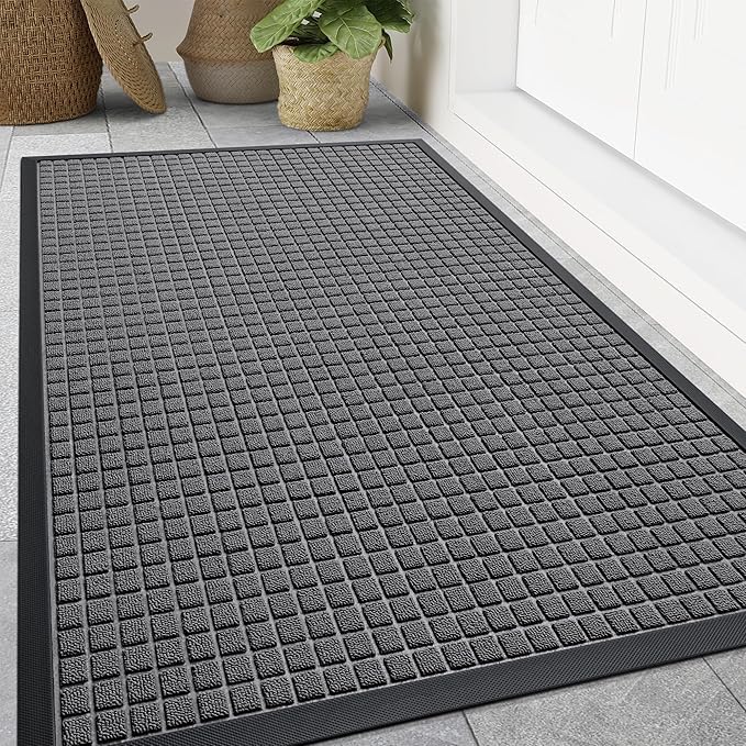 Smiry Front Door Mat Outside Entrance, Heavy Duty Natural Rubber Doormat, Non Slip, Trap Dirt and Moisture, Easy Clean, Low Profile Welcome Floor Mats for Indoor Outdoor Entry, 47x32 Inch, Grey