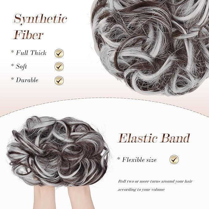 FESHFEN Large Messy Bun Hair Piece - Wavy Synthetic Chignon Scrunchies Elastic Ponytail Hair Extensions Thick Hairpieces for Women, Brown Gray Mix 1.94oz