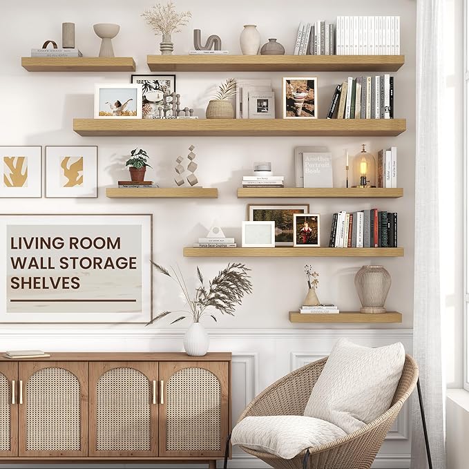 Floating Shelves for Wall 72"W x 11.6"D x 2"H, Long Engineered Wood Wall Shelves with Invisible Brackets for Living Room Bedroom Bathroom Office Kitchen Decor and Storage, Oak Finish, Set of 1