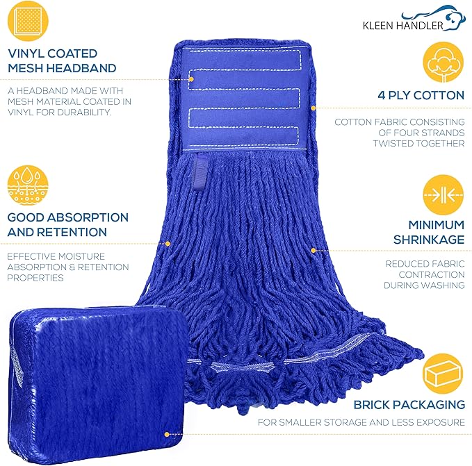 KLEEN HANDLER Blended Loop End Heavy Duty Mop Head Replacement, Wet Mop Refills for Industrial and Commercial Use, Dark Blue, 32 Oz (6-Pack)