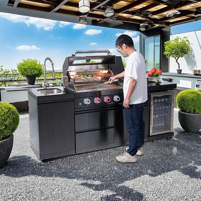 85 Inch 4-Burner 72000 BTU Natural Gas Outdoor Kitchen Island with Grill, Wine Cooler Compact Refrigerator, Rotisserie Kit, Granite Countertops, Stainless Steel Sink, Black