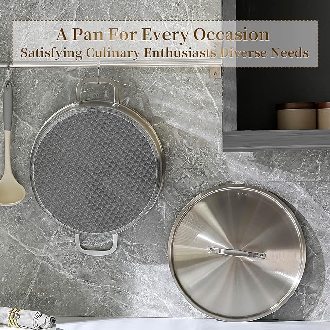 DELARLO Tri-Ply Stainless Steel Braiser Pan with Lid Nonstick 6 Quart Cooking Pot Induction Rondeau Deep Frying Pan,Large Saute Pan,Heavy Duty,Dishwasher and Oven Safe to 550℉