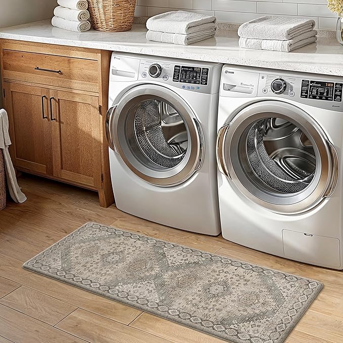 GENIMO Kitchen Mats for Floor, 2PCS Kitchen Rugs Non Slip Washable, Waterproof Anti Fatigue Mat, Comfort Standing Runner Rug for Sink, Office, Laundry, Home, 17.3"x47"+17.3"x30", Blush Camel