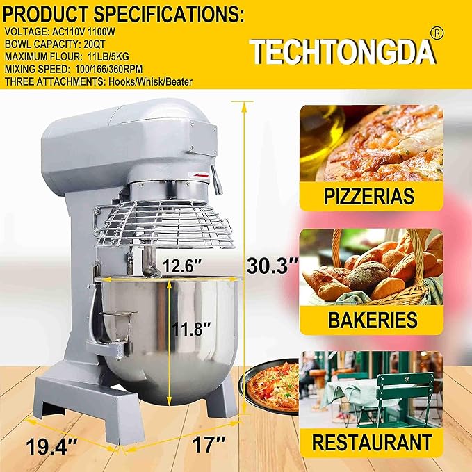 TECHTONGDA Commercial Stand Food Mixer, 20L Dough Mixer Machine, 3-Speed Adjustable Heavy Duty Electric Food Mixer, Dough Kneading Machine with Stainless Steel Bowl, Dough Hook Whisk Beater Included