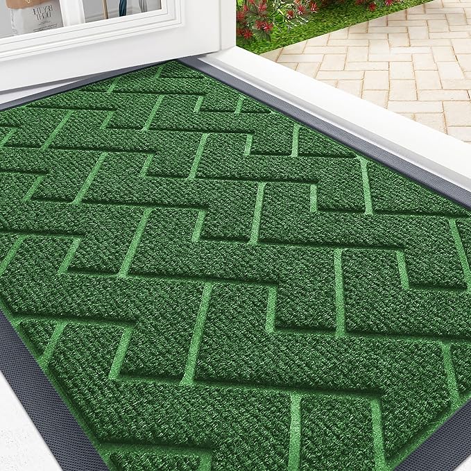 OLANLY Front Door Mat Indoor Outdoor Entrance, Waterproof All-Season, All-Weather Doormat, Sturdy Natural Rubber, Low Profile, Easy Clean Patio Porch Entryway Mat, Herringbone Brick (Green, 71x47)