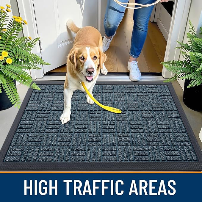 OLANLY Front Door Mat Outside Entrance 47x32, Absorbent, Heavy Duty Sturdy Natural Rubber Doormat Indoor Outdoor, Non-Slip, Stain and Fade Resistant, Low Profile Floor Mat for Entryway, Lake Blue