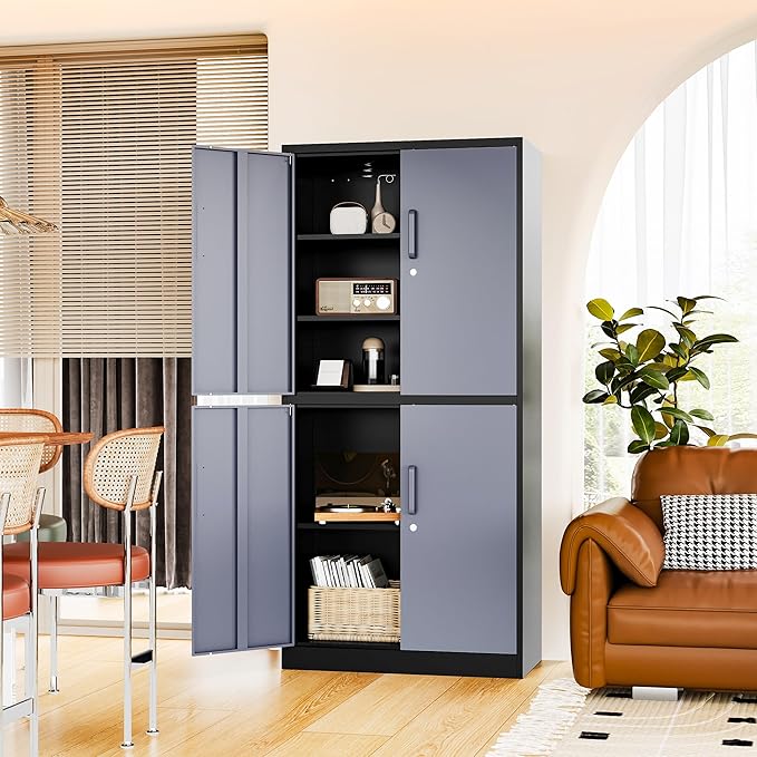 71” Metal Storage Cabinet-Lockable File Garage Tool Cabinets with Doors and Shelves- Gray&Black Steel Cabinet for Garage-Heavy Duty File Storage for Home, Office, Gym, Kitchen, School