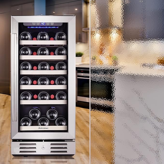 Kalamera 15 Inch Wine Cooler Refrigerator - 30 Bottle Under Counter Mini Fridge with Double-Layer Tempered Glass Door and Temperature Memory Function Built-in or Freestanding