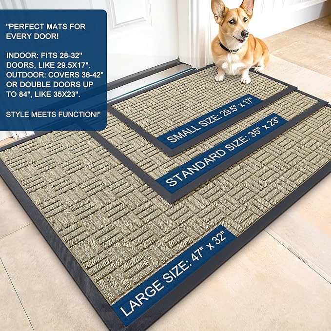 OLANLY Front Door Mat Outside Entrance 59x34, Absorbent, Heavy Duty Sturdy Natural Rubber Doormat Indoor Outdoor, Stain and Fade Resistant, Non-Slip Backing Low Profile Floor Mat for Entryway, Beige