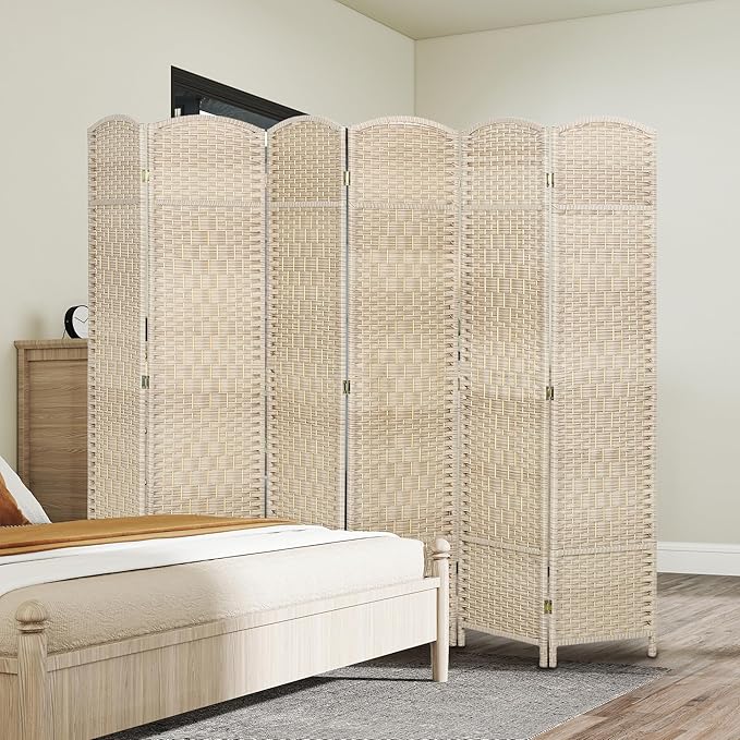 HOMCOM 6 Panel Room Divider, 6' Tall Folding Privacy Screen, Woven Freestanding Wall Partition for Home Office, Bedroom, Washed Oak
