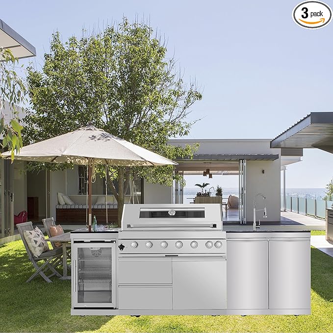 96'' 6-Burner 85000 BTU Deluxe Stainless Steel Natural Gas Outdoor Kitchen Island with Grill, Wine Cooler Compact Refrigerator, Rotisserie Kit, Granite Countertops, Stainless Steel Sink, Silver