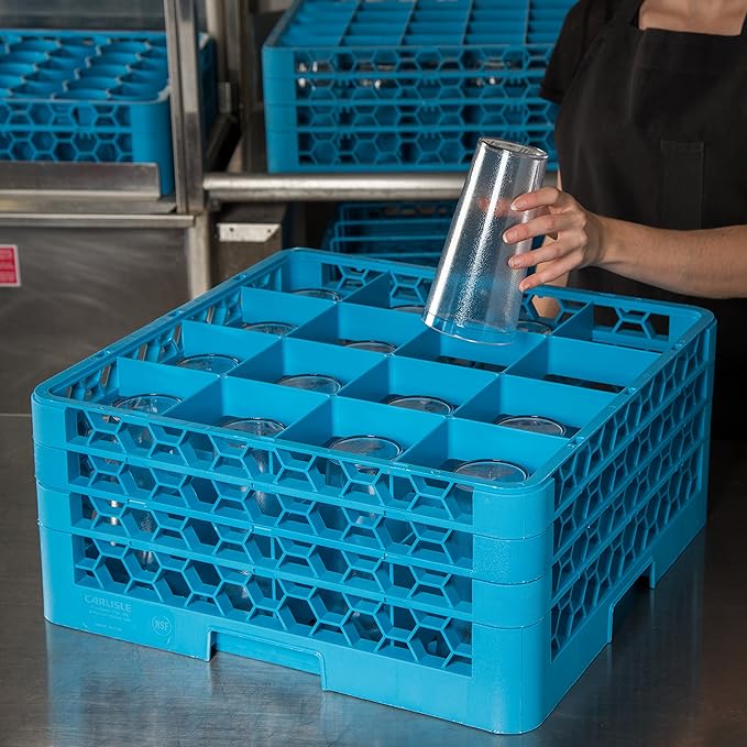 Carlisle FoodService Products Opticlean Glass Rack 16 Compartments with 3 Extenders for Kitchens and Restaurants, Plastic, 19.875 x 19.875 x 8.5 Inches, Carlisle Blue
