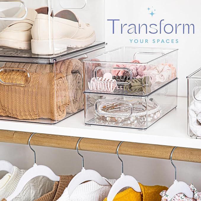primebox Clear Plastic Organizing Container with Integraged Handles for Home Organization for Kitchen, Pantry, Fridge, Freezer, Cabinet,Bathroom, Stackable. 10"x6"x3"