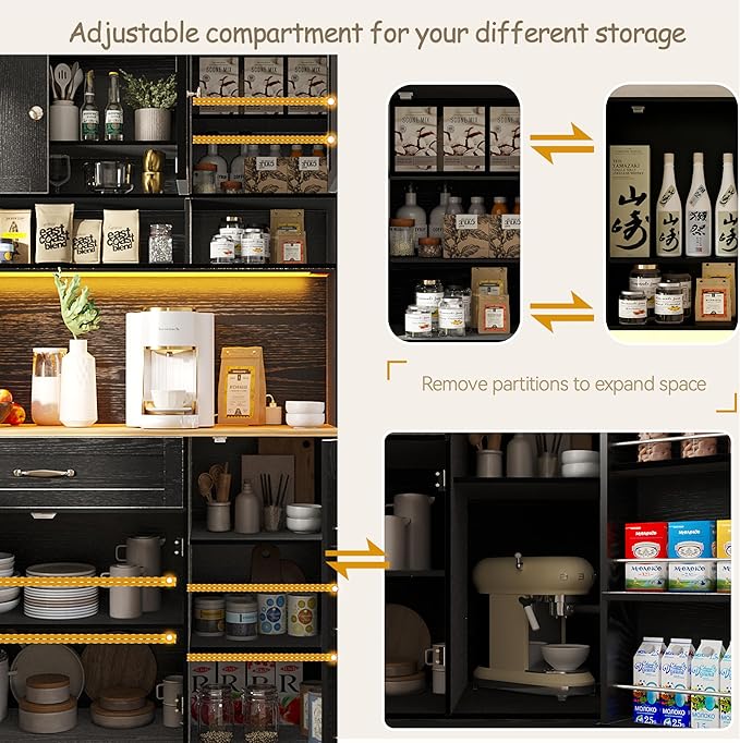 72" Kitchen Pantry Cabinet with LED Light and Charging Station Tall Pantry Storage Cabinet with Adjustable Shelves and Door Shelves Modern Kitchen Hutch with Countertop Black