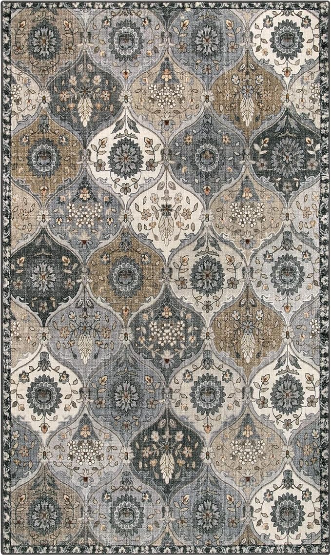 Lahome Moroccan Trellis Washable Area Rugs, 3x5 Rug for Bedroom Entryway Indoor Non-Slip, Small Oriental Accent Carpet for Living Room Kitchen Office, Grey