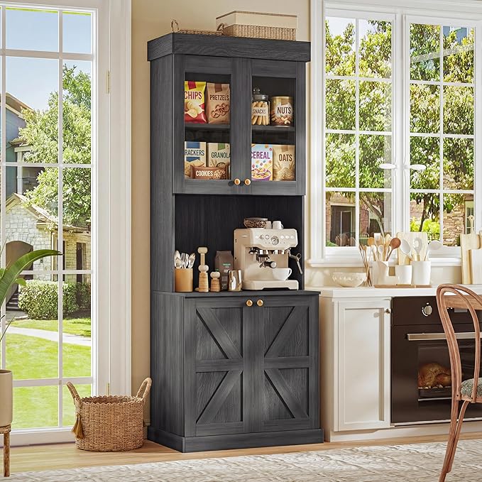 Vyre 71" Farmhouse Kitchen Pantry Cabinet Set of 2, Black Freestanding Coffee Bar Hutch with Glass Doors & Adjustable Shelves, Large Storage Cabinet with Microwave Stand for Living Room & Kitchen