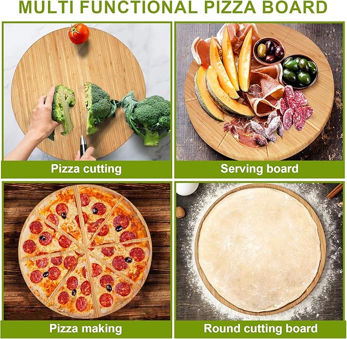 Round Pizza Cutting Board 12inch 2Pack Double Sided Bamboo Wooden Pizza Tray Meat Bread Cheese Serving Platter Pizza Oven Accessories Pizza Prep Board Paddle Blocks Circular Circle