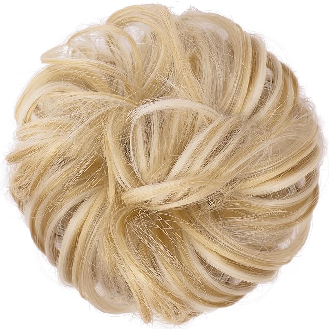FESHFEN Large Messy Bun Hair Piece - Wavy Synthetic Chignon Scrunchies Elastic Ponytail Hair Extensions Thick Hairpieces for Women, Champagne Blonde & White Blonde 1.94oz