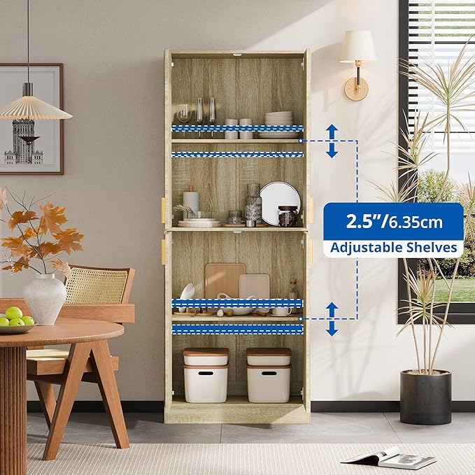 Cozy Castle Kitchen Pantry Cabinet, 71" Tall Wood Storage Cabinet with Doors and Shelves 4 Doors Freestanding Cupboard for Dining Room Living Room Bathroom Furniture, Whitewashed Oak