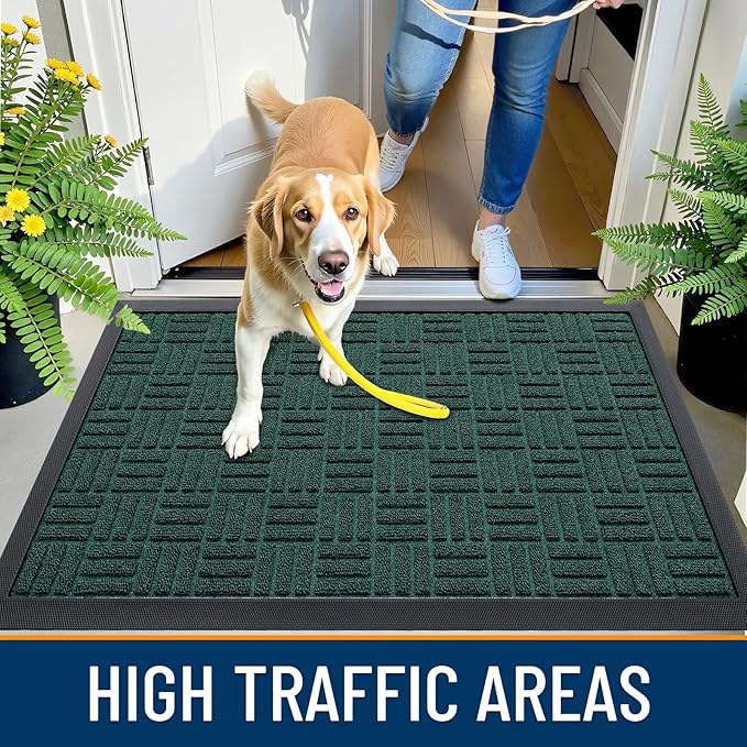 OLANLY Front Door Mat Outside Entrance 35x23, Absorbent, Heavy Duty Sturdy Natural Rubber Doormat Indoor Outdoor, Non-Slip, Stain and Fade Resistant, Low Profile Floor Mat for Entryway, Black Green
