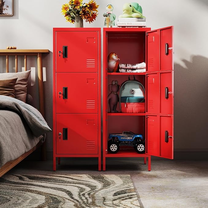 METAN Metal Storage Employees Locker with 3 Lockable Doors,47''H*16''W*16''D Locking Storage Cabinets for Small Spaces,Home,School,Gym,Assembly Required,Red