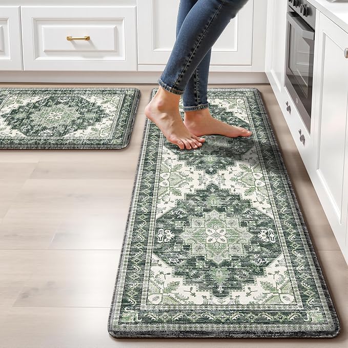 Boho Kitchen Mats for Floor 2 Piece Set Anti Fatigue Cushioned PVC Kitchen Rugs Non Slip Waterproof Farmhouse Mats 2/5 Inch Comfort Standing Mat for Sink, Laundry, Office, 17.3"x47"+17.3"x28", Green