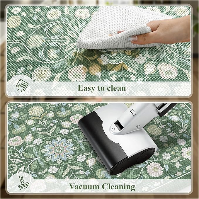 KIMODE Comfort Kitchen Floor Mats Cushioned Anti Fatigue,Farmhouse Spring Floral Kitchen Runner Rug Sets of 2 Non Slip,Long Memory Foam Standing Carpet for Laundry Sink Home,Green