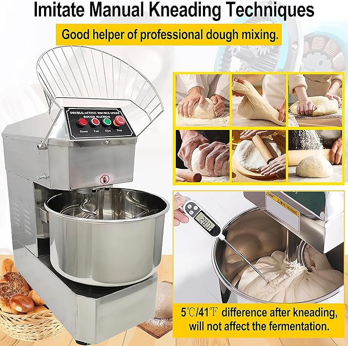 TECHTONGDA Commercial Dough Mixer, 30L Pizza Bakery Flour Mixer Machine with Double Action Double Speed, Electric Stainless Steel Dough Kneading Machine for Restaurant Pizzeria