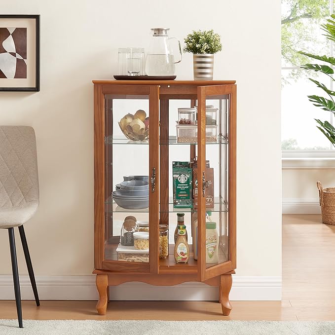 43" H Lighted Curio Cabinet Display Case with Light Bulb, Glass Curio Cabinet with Adjustable Shelves & Tempered Glass Door, Wooden Cabinets w/Mirrored Back Pane for Living Room(Oak)