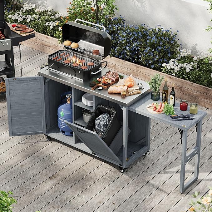78.3" Outdoor Kitchen Island with Foldable Grill Table - Wooden Grill Cart with Stainless Steel Top, Trash Can Storage and Adjustable Shelves